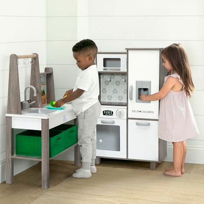 Delta Children Gourmet All-in-One Corner Play Kitchen - Toy Kitchen Playset with Safe & Heatless Stove with Lights, Oven, Sink, Fridge/Freezer with Ice Maker and 20 Accessories, Natural/White