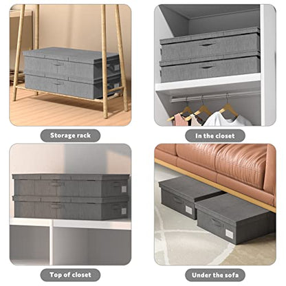 2Pack Under Bed Storage Bins With Lids Carry Handles Linen Fabric Foldable Stackable Sturdy Large Capacity Clothes Organizer for Clothing, Shoes, Blankets, Sweaters (Grey, 31.9‘*17’*6‘)