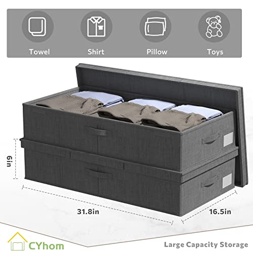 2Pack Under Bed Storage Bins With Lids Carry Handles Linen Fabric Foldable Stackable Sturdy Large Capacity Clothes Organizer for Clothing, Shoes, Blankets, Sweaters (Grey, 31.9‘*17’*6‘)