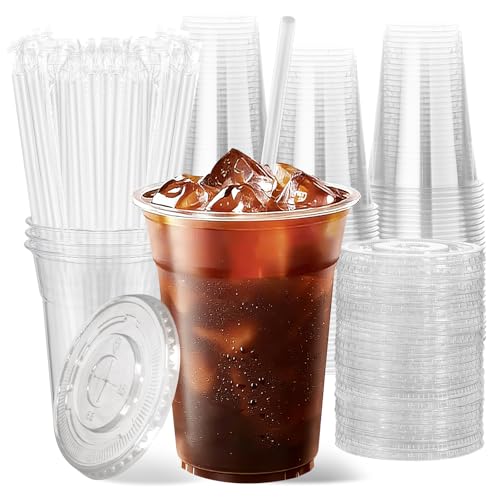 100 Pack 16oz Disposable Plastic Cups with Lids