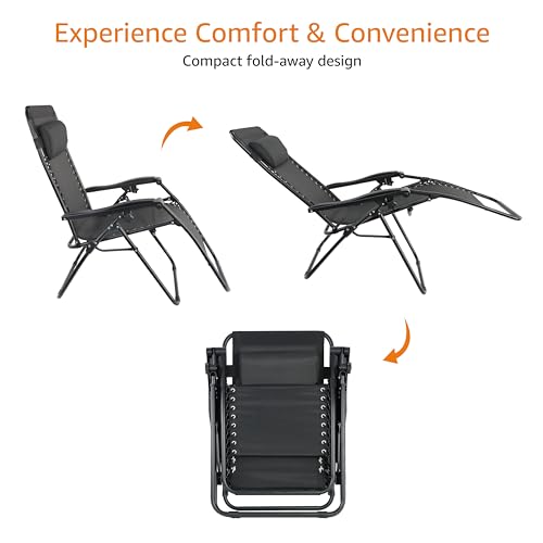 Amazon Basics Outdoor Textilene Adjustable Zero Gravity Folding Reclining Lounge Chair with Pillow, 26", Black