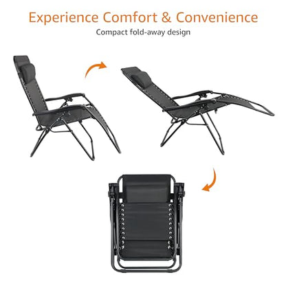 Amazon Basics Outdoor Textilene Adjustable Zero Gravity Folding Reclining Lounge Chair with Pillow, 26", Black