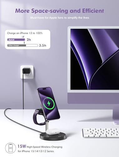 3 in 1 Wireless Charging Station for Multiple Devices Apple, Aeinidi 15W Fast Mag-Safe, Magnetic Charger Stand for iPhone 15 14 13 12 Pro Max/Plus/Pro/Mini, Apple Watch, AirPods Pro 3 2, Black