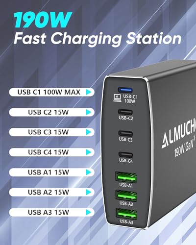 190W USB C Charging Station 7 Port PD 3.0 USB C Charger Block 100W Max Single Port Fast Charger Aluminum Alloy GaN Charger Power Adapter for MacBook Pro/Air iPhone iPad, Samsung Galaxy (L-Grey)