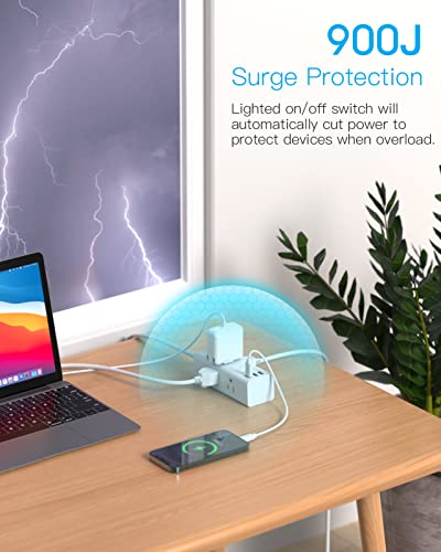 Power Strip Surge Protector - 6 Widely Outlets with 3 USB Ports (1 USB C), 3-Side Outlet Extender Strip, 5 Ft Extension Cord Flat Plug, Wall Mount Small Power Strip for Travel Home Office College Dorm