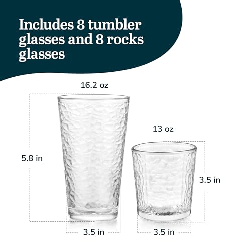 Libbey Yucatan Tumbler and Rock Glasses Drinking Set, Textured Drinking Glasses Set of 16, All Purpose Glass Cups Set for Events and Everyday Use