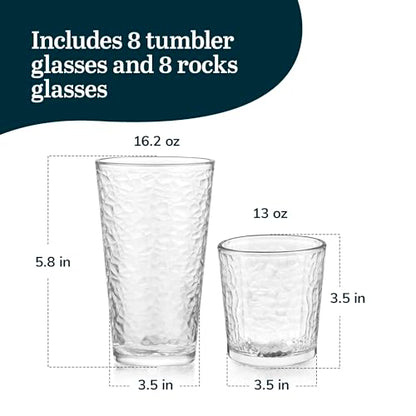 Libbey Yucatan Tumbler and Rock Glasses Drinking Set, Textured Drinking Glasses Set of 16, All Purpose Glass Cups Set for Events and Everyday Use