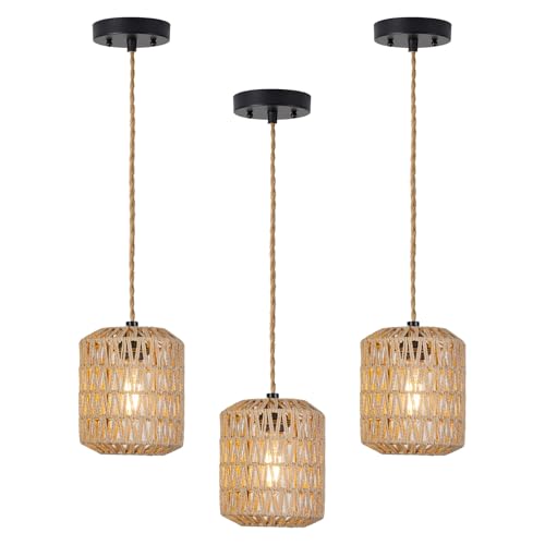 3 Pack Boho Rattan Pendant Lights for Kitchen Island
