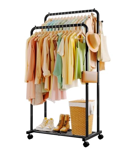 Double Rod Metal Garment Rack with Shelf and Wheels