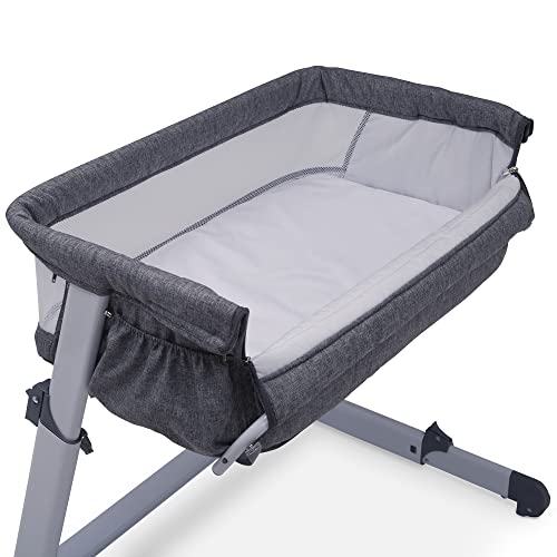 Delta Children Simmons Kids Dream Bedside Bassinet with Zip-Down Side Wall – Convenient Baby Sleeper with Breathable Mesh and Adjustable Heights - Lightweight Portable Crib, Grey