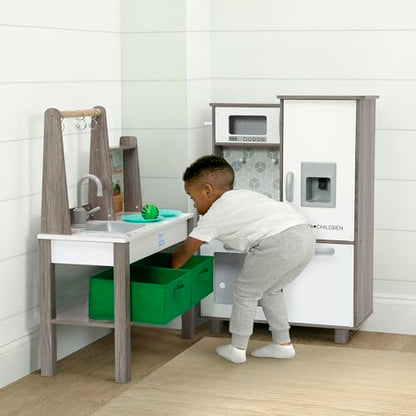 Delta Children Gourmet All-in-One Corner Play Kitchen - Toy Kitchen Playset with Safe & Heatless Stove with Lights, Oven, Sink, Fridge/Freezer with Ice Maker and 20 Accessories, Natural/White