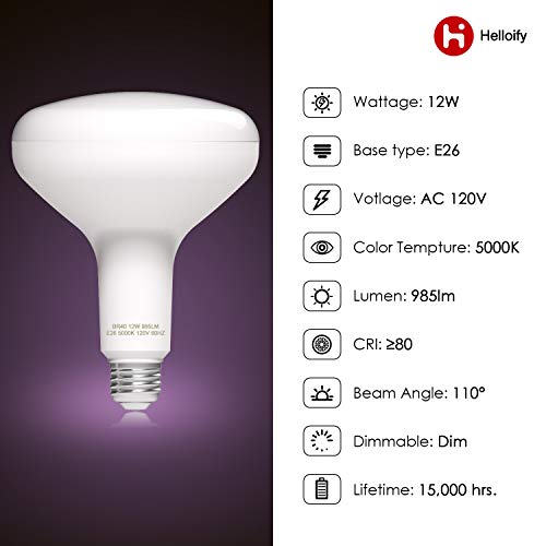 Helloify Dimmable BR40 LED Flood Light Bulb, 12W, 75W Equivalent, 5000K Daylight White Light, Energy Saving Lamp for Office/Home, E26 Screw Base, 6PCS