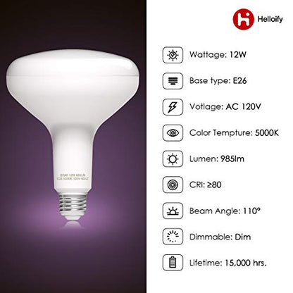 Helloify Dimmable BR40 LED Flood Light Bulb, 12W, 75W Equivalent, 5000K Daylight White Light, Energy Saving Lamp for Office/Home, E26 Screw Base, 6PCS