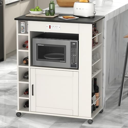 Rolling Kitchen Island Cart with Storage and Power Outlet