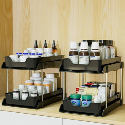 2 Pack Black Under Sink Organizer, Multi-Purpose kitchen and Bathroom organization,Pull Out Drawers Organizer,pantry organizersalso used for countertop,makeup and medicine cabinet storage.