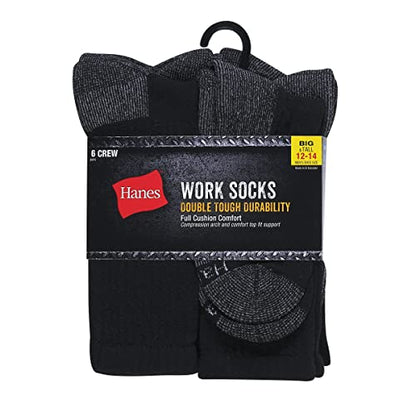 Hanes mens Crew Socks, 6-pair Pack Work Sock, Black, 6 12 US