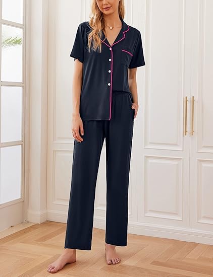 Ekouaer 2 Pack：Women Pajamas Short Sleeve Pj Set Notch Collar Button Up Loungewear Cozy Sleepwear Sets Blue Purple and Deep Pink M