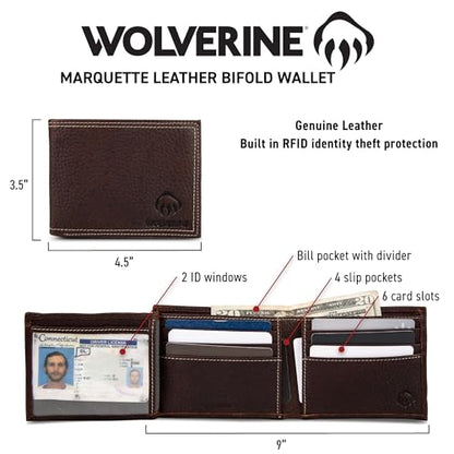WOLVERINE Men's RFID Blocking Rugged Bifold & Passcase Wallets (Avail in Cotton Canvas Or Leather), Marquette-Black, One Size