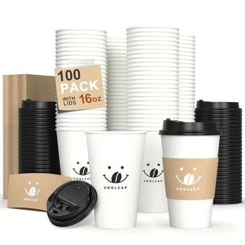 100 Pack 16oz Coffee Cups with Lids and Sleeves