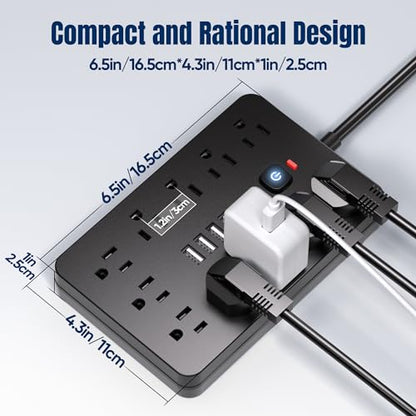 JouleLoom 6 FT Flat Plug Surge Protector Power Strip,11 Multiple AC Outlets with 6 USB Ports (2 USB C), 6 Feet Extension Cord, 1875W/15A, One Touch Switch Button, 17 in 1 Compact powerstrip