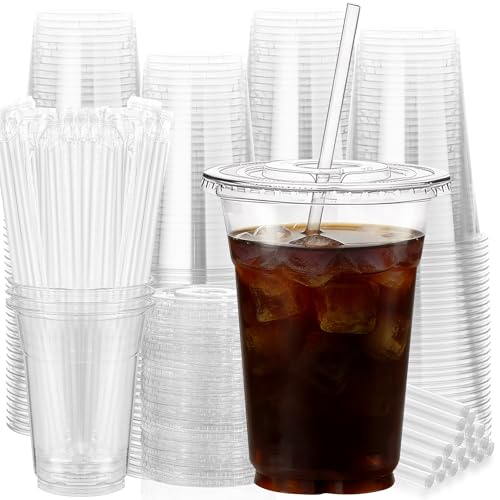 100 Pack 16 oz Plastic Cups with Lids and Straws