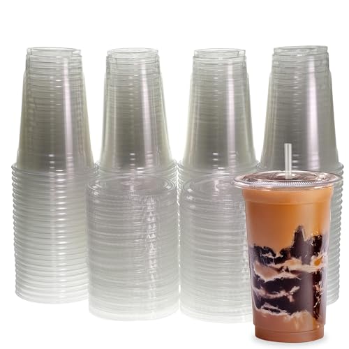 100 Pack 20oz Disposable Plastic Cups With Lids Straws