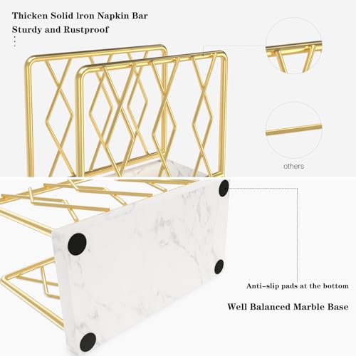 LWSFF Napkin Holder for Table, Elegant Marble Standing Napkin Dispenser for Kitchen Dining Modern Cocktail Picnic Bar, Metal Tissue Holders for kitchen Suitable for All Dining Room Decors Gold