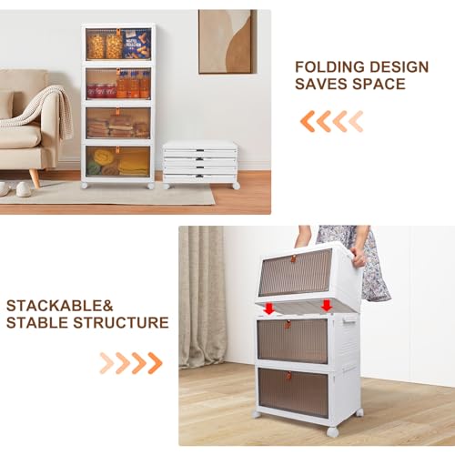 4 Tier Stackable Plastic Storage Bins with Lids and Wheels - 23QT Closet Organizers and Storage, Foldable Storage Containers, Organization and Storage Boxes for Home, Pantry, Office, Dorm Room