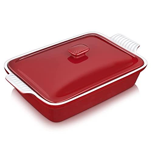 vancasso Blossom Casserole Dish, 13x9 Baking Dish, 3.8 Quart Casserole Dish Set Lasagna Pan Deep With Lid Oven Safe, Red