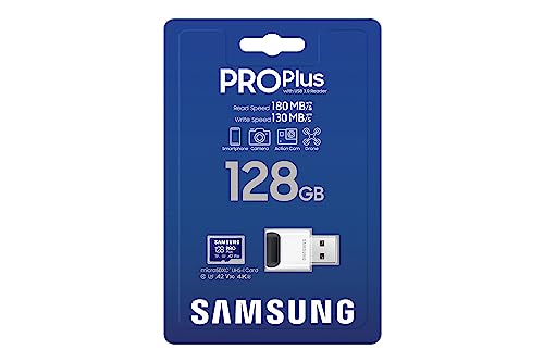 SAMSUNG PRO Plus microSD Memory Card + Reader, 128GB MicroSDXC, Up to 180 MB/s, Full HD & 4K UHD, UHS-I, C10, U3, V30, A2 for Android Phones, Tablets, GoPRO, DJI Drone, MB-MD128SB/AM, 2023