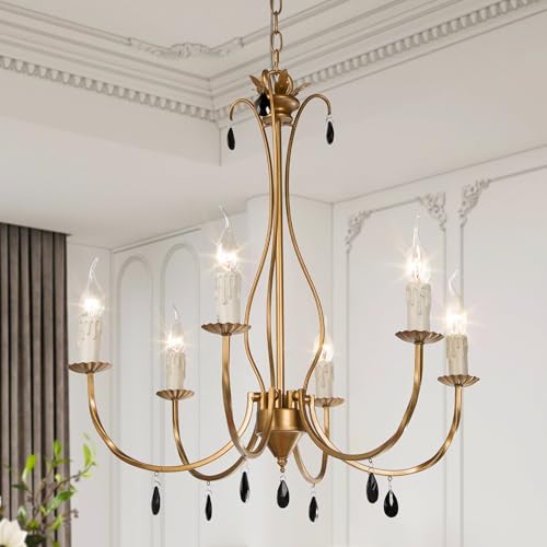 Large Modern 6-Light Chandelier with Crystal Pendants