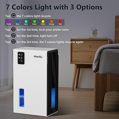 NineSky Dehumidifier for Home, 85 OZ Water Tank, (800 sq.ft) Dehumidifiers for Bathroom Bedroom Basement with Auto Shut Off,7 Colors LED Light(White)