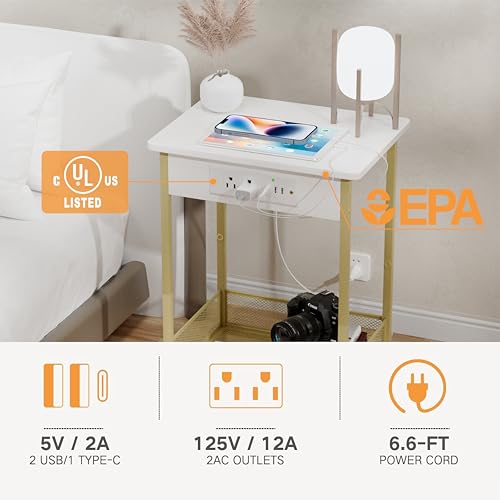 Yenlure Side Table Night Stands End Table with Charging Station Narrow Side Table Living Room Bedroom Small Side Tables for Small Spaces White