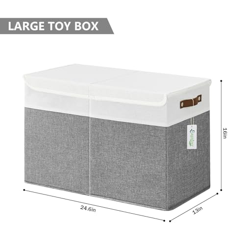 Bagnizer Large Toy Storage Box with Lids, Collapsible Sturdy Baby Storage Organizer Chest Bin Basket for Kids, Boys, Girls, Playroom, Nursery, Bedroom, Closet 25"x13"x16" (Gray and White)