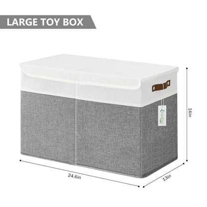 Bagnizer Large Toy Storage Box with Lids, Collapsible Sturdy Baby Storage Organizer Chest Bin Basket for Kids, Boys, Girls, Playroom, Nursery, Bedroom, Closet 25"x13"x16" (Gray and White)