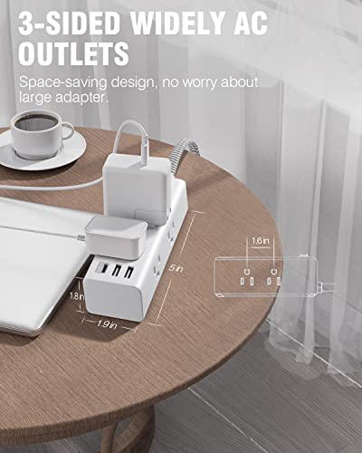 Power Strip Surge Protector - 6 Widely Outlets with 3 USB Ports (1 USB C), 3-Side Outlet Extender Strip, 5 Ft Extension Cord Flat Plug, Wall Mount Small Power Strip for Travel Home Office College Dorm