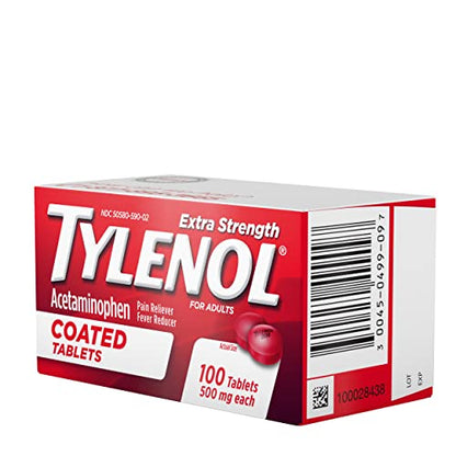 Tylenol Extra Strength Pain Relief Coated Tablets for Adults, 500mg Acetaminophen Pain Reliever and Fever Reducer per Tablet for Minor Aches, Pains, and Headaches, 100 ct