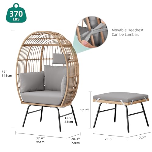 YITAHOME Outdoor Egg Chair with Footrest, Patio Wicker Basket Chair with 2-in-1 Ottoman, Indoor Egg Chairs with Stand & Cushion Cocoon Chair for Bedroom, Outside, Balcony (Grey)