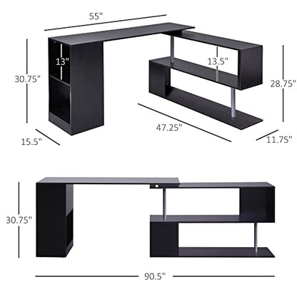 HOMCOM 55" 360° Rotating Corner Computer Desk Modern L-Shaped Home Office Workstation with 3-Tier Storage Shelves, Bookshelf, Black