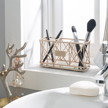 Home Details 3 Compartment Cosmetic Brush Holder | Make Up Pencil | Vanity Organizer | Bathroom | Dresser | Office | Mirror Base | Rose Gold