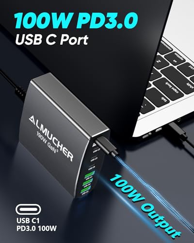 190W USB C Charging Station 7 Port PD 3.0 USB C Charger Block 100W Max Single Port Fast Charger Aluminum Alloy GaN Charger Power Adapter for MacBook Pro/Air iPhone iPad, Samsung Galaxy (L-Grey)