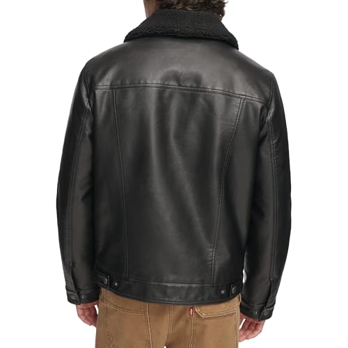 Levi's Men's Faux Leather Classic Trucker Jacket, Black W/Sherpa Collar, M
