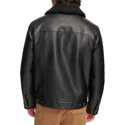 Levi's Men's Faux Leather Classic Trucker Jacket, Black W/Sherpa Collar, M