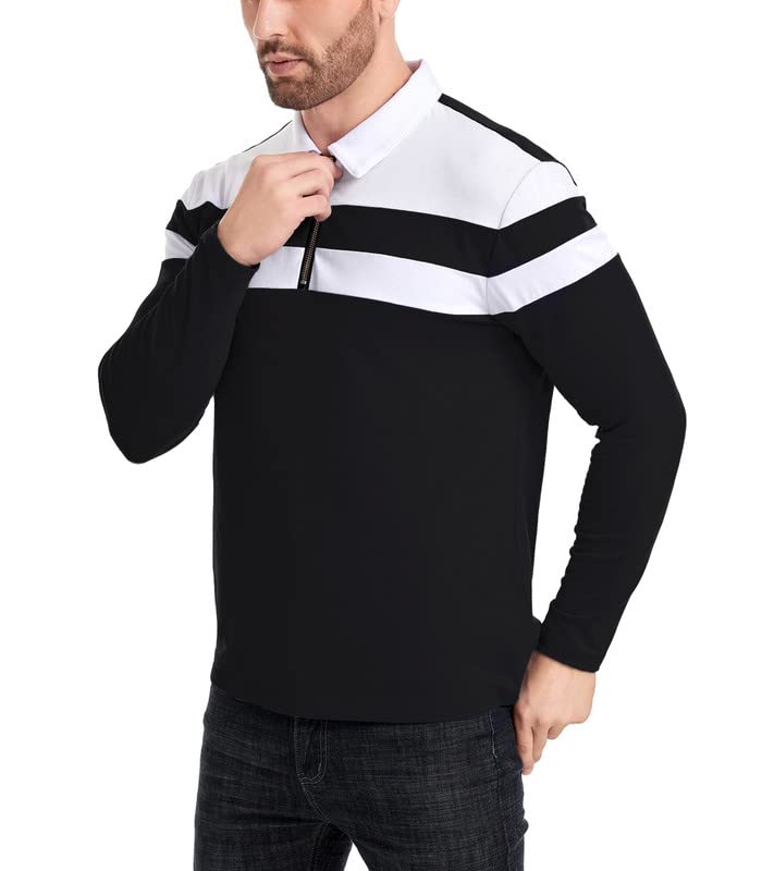 NAVEKULL Men's Long Sleeve Polo Shirts Quarter Zip Pullover Striped 1/4 Zip Collared Shirt Casual Slim Fit Golf Rugby Shirt Contrast Color Patchwork T Shirt Spring Fall Cotton Stretch Tops