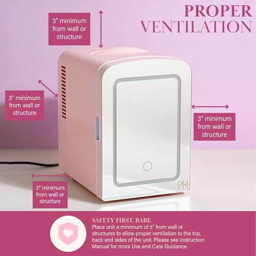Paris Hilton Mini Refrigerator and Personal Beauty Fridge, Mirrored Door with Dimmable LED Light, Thermoelectric Cooling and Warming Function for All Cosmetics and Skincare Needs, 4-Liter, Pink