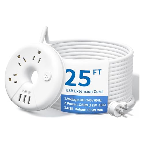 25 ft Flat Plug Extension Cord Power Strip with USB