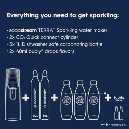 SodaStream Terra Sparkling Water Maker Bundle (Black), with CO2, Dishwasher Safe Bottles and Bubly Flavors Drops