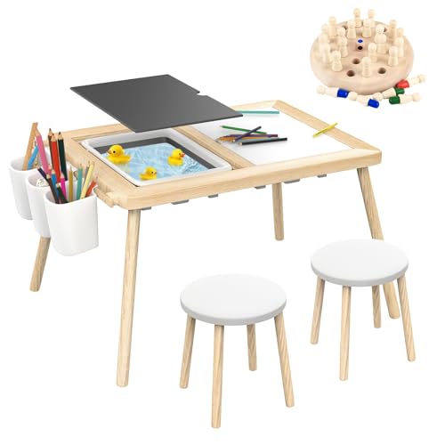 Kids Table and Chairs, Kids Table and 2 Chair Set, Sensory Bin Table with Memory Chess, Toddler Activity Table with Toddler Drawing Board, Sensory Sand Table with Lid, Kids Art Table for Kids 2-5