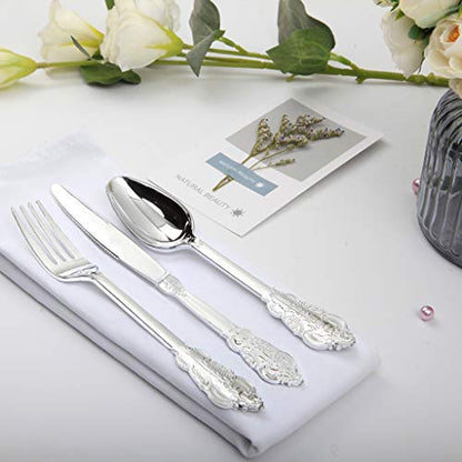 WDF 360 Pieces Silver Plastic Silverware- Disposable Flatware - Heavyweight Plastic Cutlery- Includes 120 Forks, 120 Spoons, 120 Knives