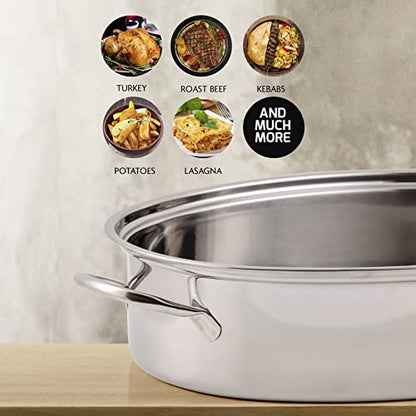 OVENTE Oval Stainless Steel Roasting Pan, 16” Oven Roaster and Baking Tray with Lid & Flat Rack, Nonstick Bakeware Dish Ideal for Cooking Turkey, Roasted Chicken, Beef or Veggies, Silver CWR32161S